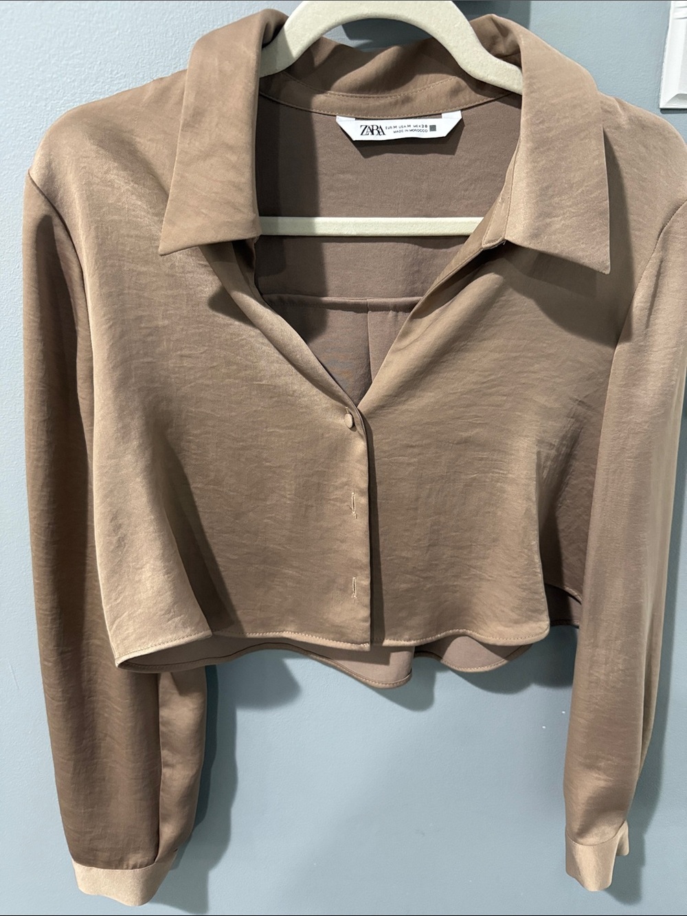 Zara Cropped Button-Front Shirt - Taupe